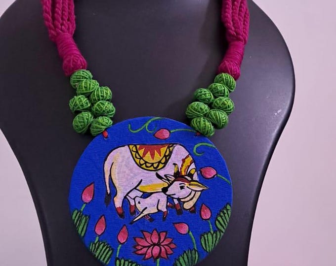 Handpainted fabric necklace set with earrings