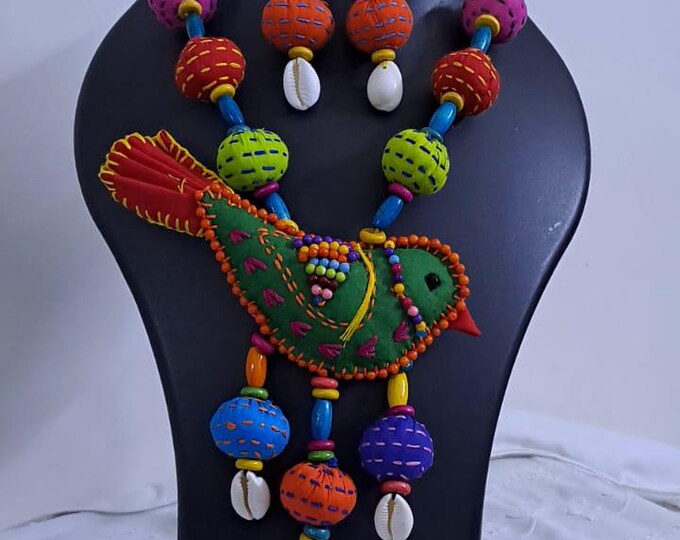 Exclusive fabric necklace with embroidered green fabric bird pendant and fabric beads n matching beads