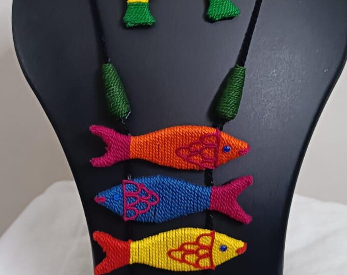 Multi colour crochet thread necklace with fish pendant and matching thread earrings