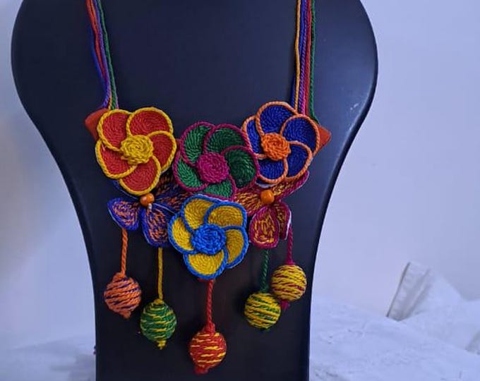 Multi colour flower thread necklace with thread bead fringes and matching earrings