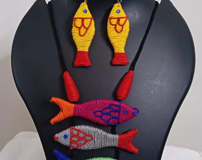Multi colour crochet thread necklace with fish pendant and matching thread earrings