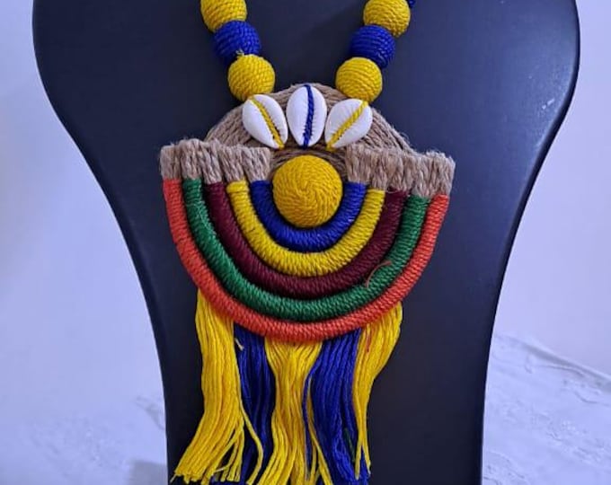Exclusive multicoloured thread necklace set with jute n thread pendant n matching earrings