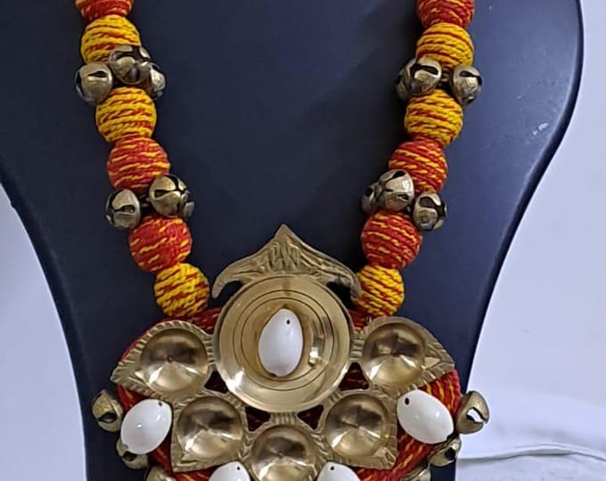 Red yellow thread beads necklace set with dokra pendant n matching earrings