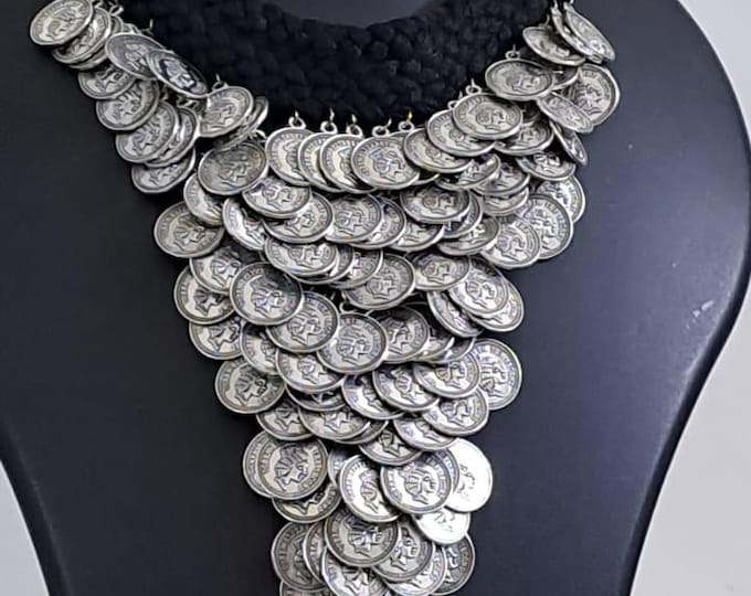 Braided black choker necklace set with multi layered fringes n matching earrings