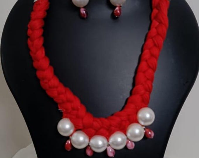 Red  braided thread necklace with pearl n pearl danglers