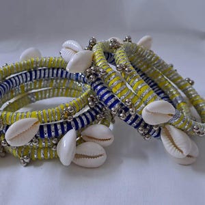 Yellow and blue colour traditional zari thread and kori bangles (set of 7 bangles)