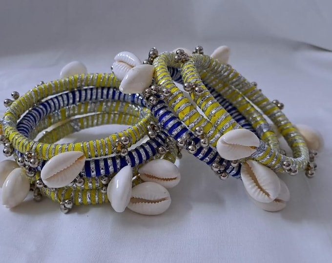 Yellow and blue colour traditional zari thread and kori bangles (set of 7 bangles)