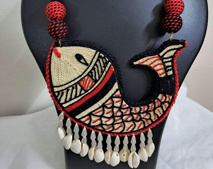 Handmade thread jewellery necklace set with fish pendant n shell  danglers and matching earrings
