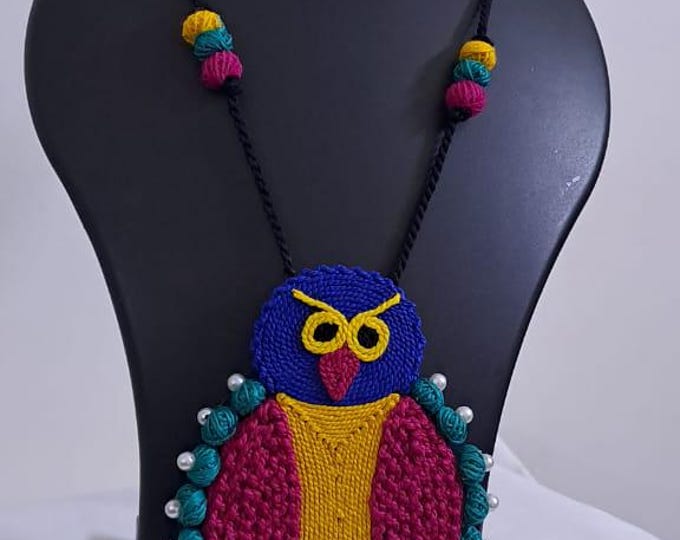 Handmade thread jewellery necklace set with owl pendant and matching earrings