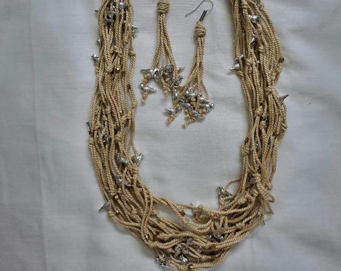Exclusive handmade thread necklace set with silver oxidised bird beads and matching earrings