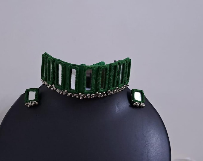 Kutchwork glasswork necklace set with matching earrings