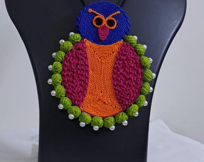 Handmade thread jewellery necklace set with owl pendant and matching earrings