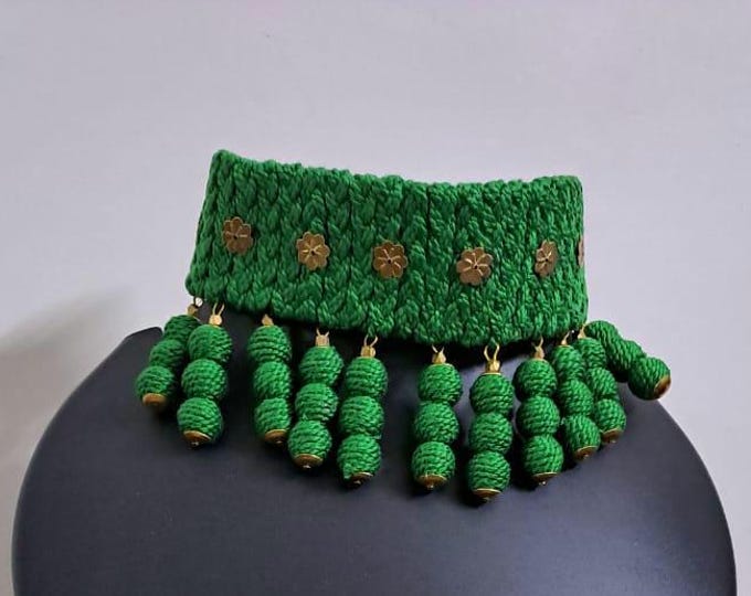 Green braided choker necklace set with fringes and matching earrings