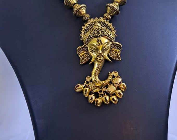 Blue thread necklace with Golden oxidised traditional pendant