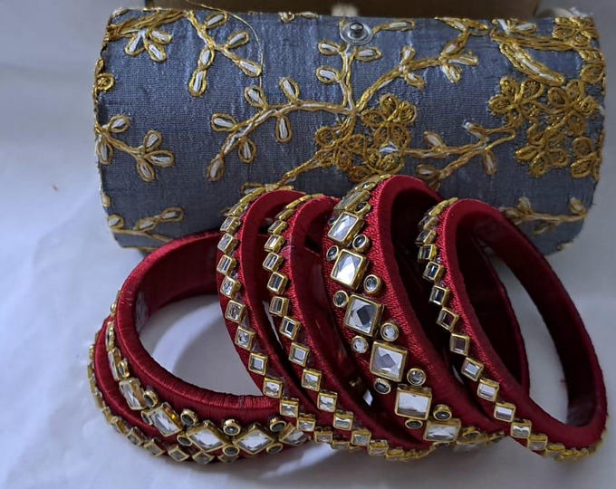 Maroon colour traditional thread kundan bangles with zari bangle box