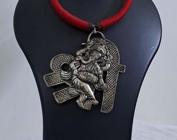 Red thread necklace with silver oxidised ganesha pendant