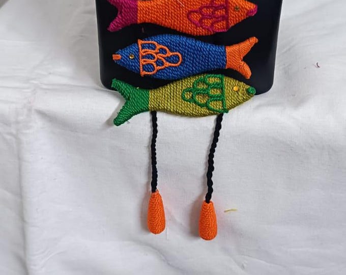 Multi colour crochet thread necklace with fish pendant and matching thread earrings