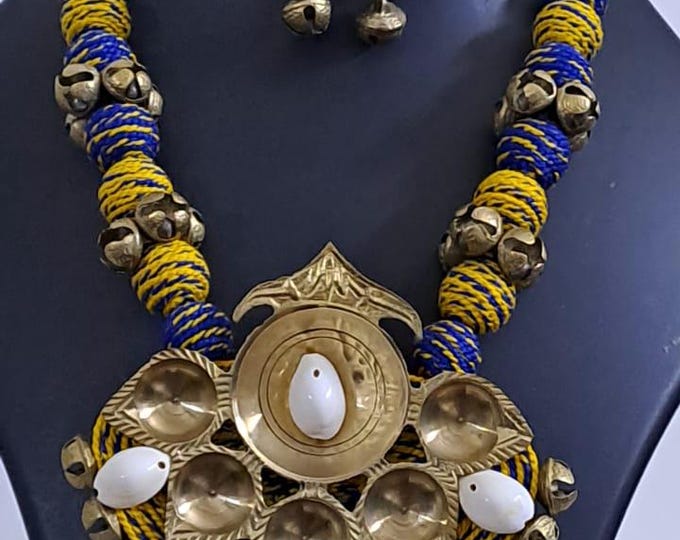 Blue yellow thread beads necklace set with dokra pendant n matching earrings