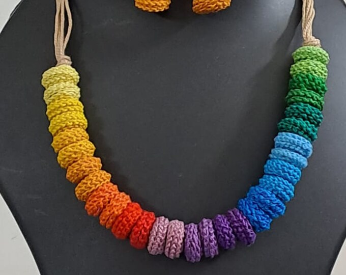 Exclusive multi coloured crochet necklace with colouful matching earrings.
