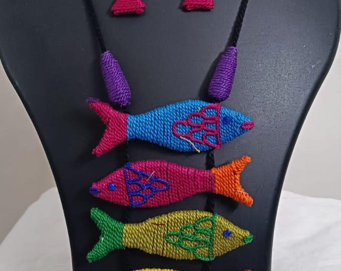 Multi colour crochet thread necklace with fish pendant and matching thread earrings
