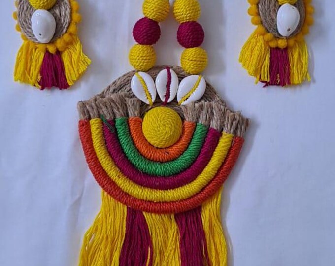 Exclusive multicoloured thread necklace set with jute n thread pendant n matching earrings