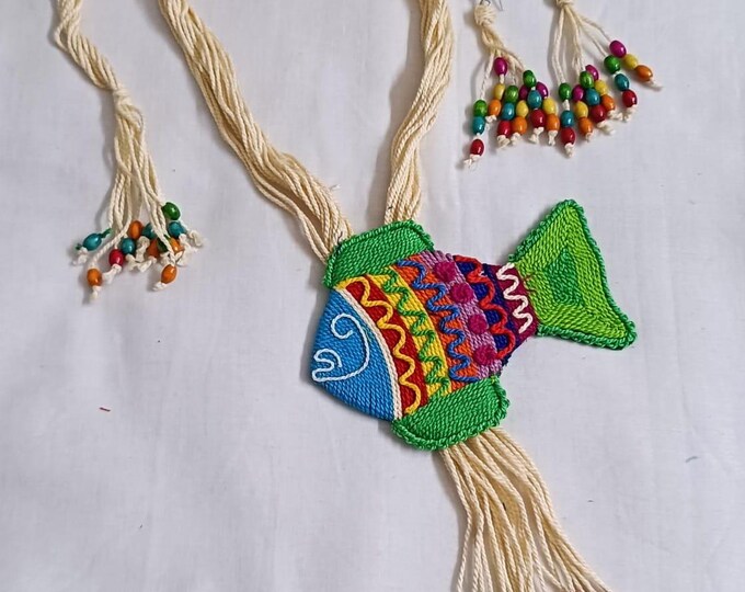 Multi colour thread fish pendant Jewellery. set with matching thread earrings