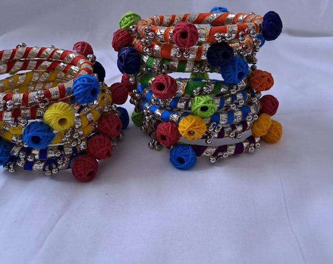 Multi colour traditional zari thread bangles with cotton beads (set of 14 bangles)