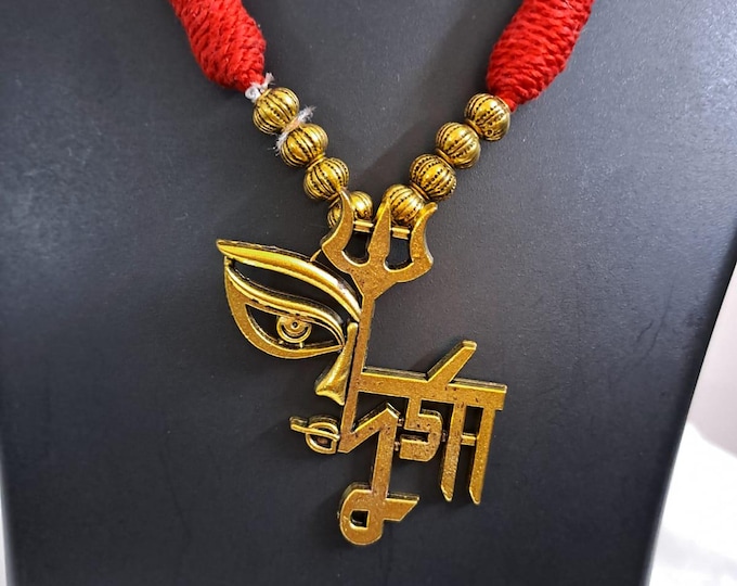 Red thread necklace set with golden oxidised Durga pendant n matching earrings