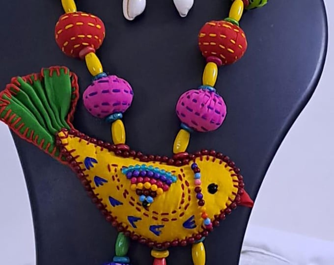 Exclusive fabric necklace with embroidered yellow fabric bird pendant and fabric beads n matching beads