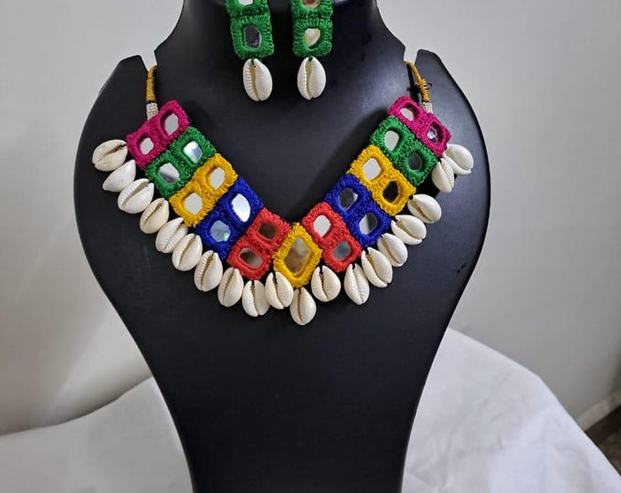 Kutchwork glass necklace set with shell fringes n matching earrings