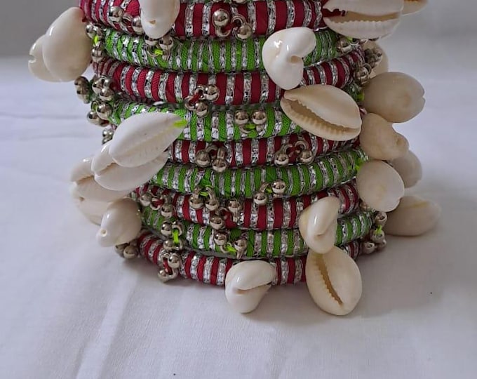 Red and green colour traditional zari thread and kori bangles (set of 10 bangles)