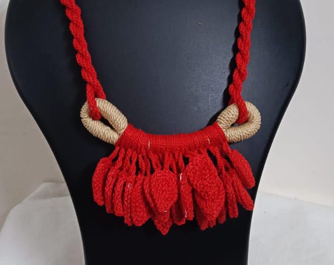 Red Crochet thread necklace set with leaf fringes and matching earrings