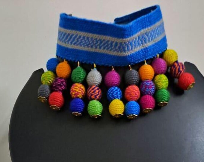 Crochet blue thread neckband with thread beads fringes n matching earrings