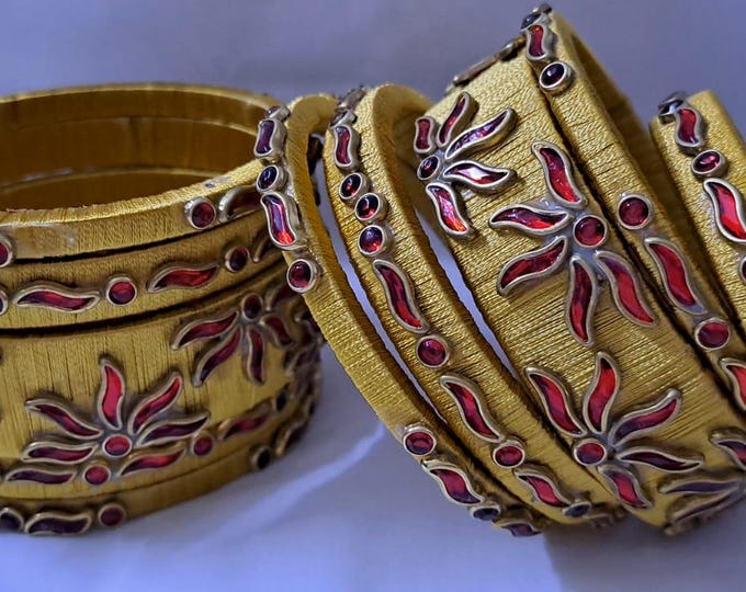 Golden colour traditional thread kundan bangles with zari bangle box