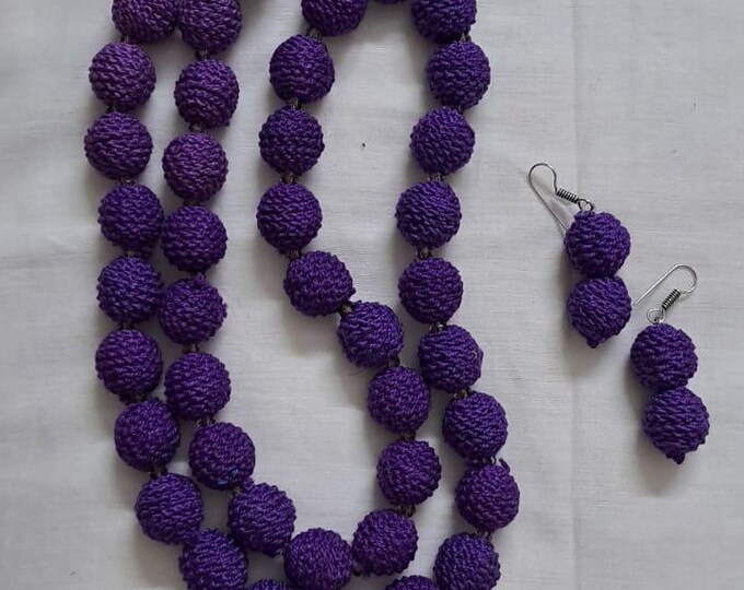 Exclusive purple colour thread beads long necklace set with matching earrings