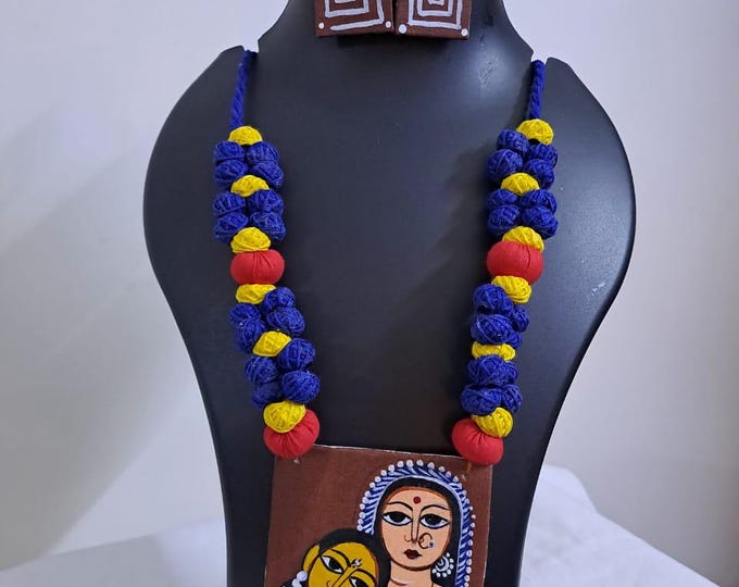 Handpainted fabric jewellery set with matching earrings