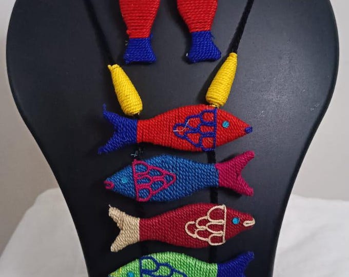 Multi colour crochet thread necklace with fish pendant and matching thread earrings