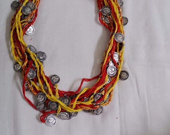 Exclusive multi-coloured and multi-layered thread necklace with silver oxidised charms