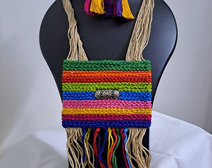 Multi colour crochet thread necklace with thread danglers and matching thread earrings