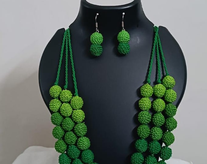 Exclusive 3 layered  green thread beads necklace set with matching earrings