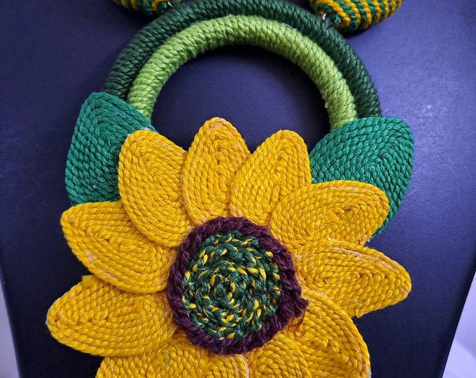 Yellow thread necklace set with sunflower pendant n matching earrings