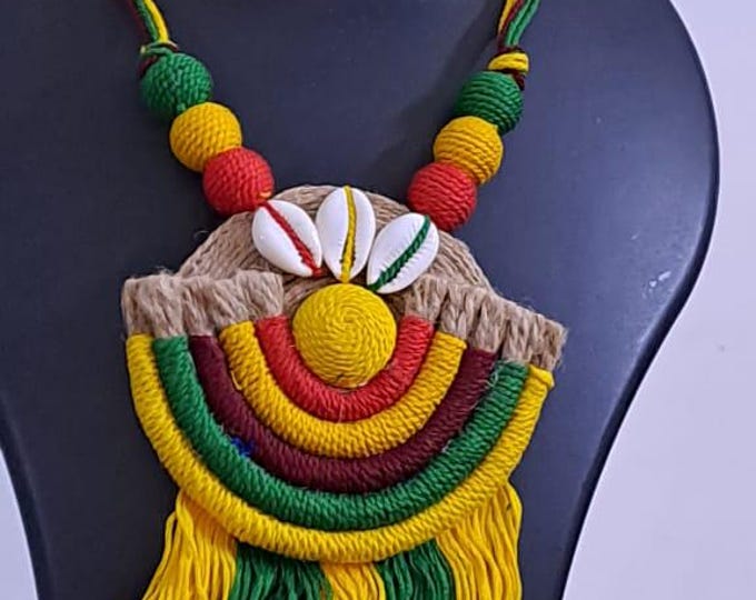 Exclusive multicoloured thread necklace set with jute n thread pendant n matching earrings