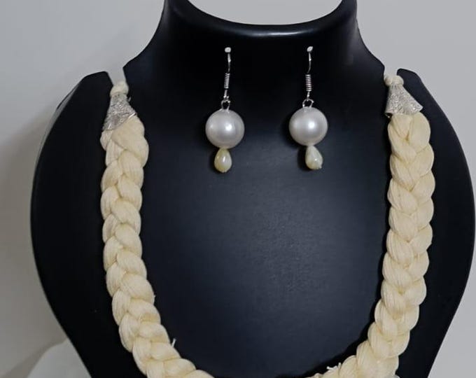 Offwhite braided thread necklace with pearl n pearl danglers