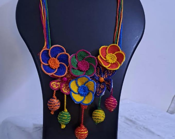 Multi colour flower thread necklace with thread bead fringes and matching earrings