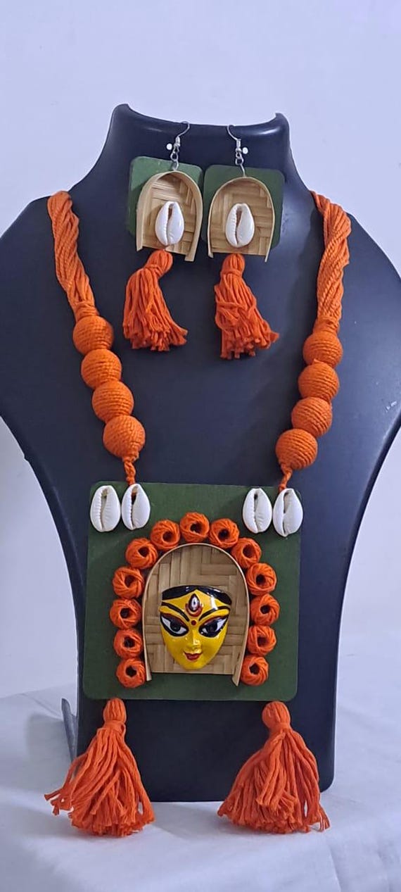 Terracotta Durga Pendant Thread Necklace Set With Matching
