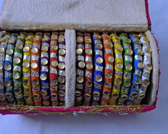 Multi colour traditional zari thread bangles with kundan (set of 16 bangles)