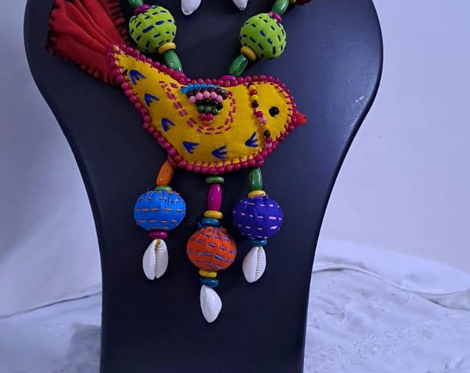 Exclusive fabric necklace with embroidered yellow fabric bird pendant and fabric beads n matching beads