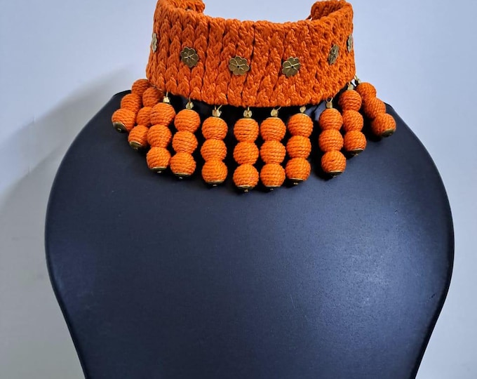 Orange braided choker necklace set with fringes and matching earrings