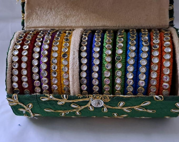 Rainbow colour traditional thread kundan bangles with zari bangle box