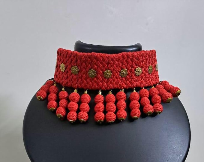 Braided red choker necklace set with fringes n matching earrings